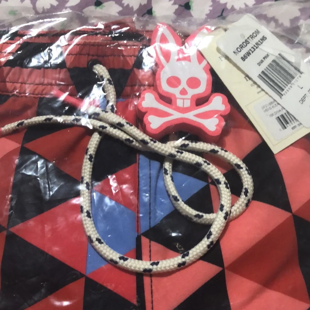Psycho Bunny Red Blue Black Geometric Swim Trunks